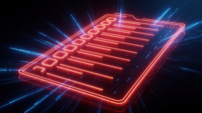 Futuristic neon checklist icon glows in dark digital space. Red document form features blue light lines representing tech data flow. Cyber security interface displays task progress. Modern virtual