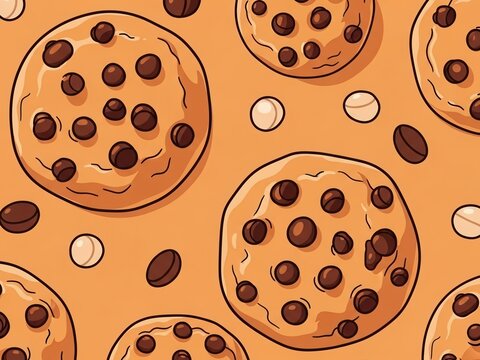 Chocolate chip cookies and coffee beans scattered on an orange background