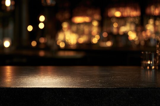 Empty, dimly lit bar counter with soft, out-of-focus warm light in background