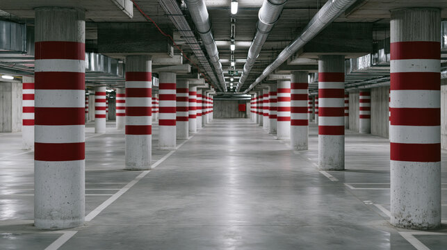Underground parking garage background empty concrete interior with striped pillar symmetrical tunnel perspective fluorescent light industrial space modern architecture clean floor wide angle