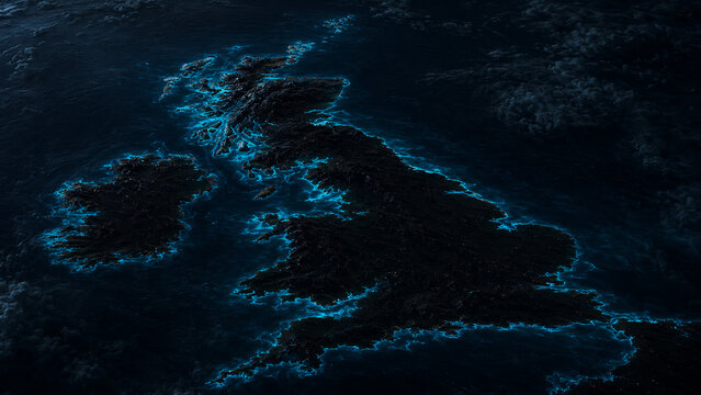 Glowing map of the British Isles outlined in electric blue above a dark textured ocean, creating a dramatic concept for geography, technology and travel.
