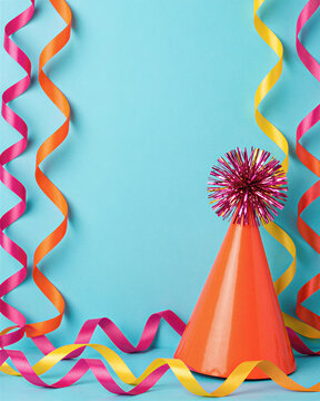 Colorful birthday decorations include an orange party hat with pink tinsel.