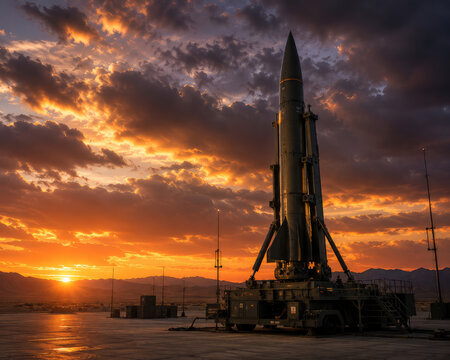 Strategic ballistic missile on mobile launcher at dramatic sunset