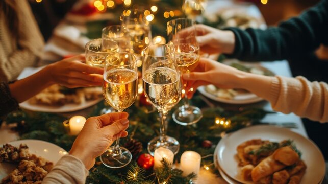 People clinking glasses of champagne at a festive winter holiday dinner party with friends.