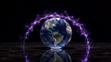 Fototapeta premium Earth surrounded by glowing purple energy, reflecting on dark surface.
