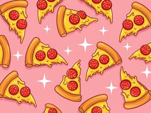 Slices of pepperoni pizza with melted cheese arranged in a pattern on a pink background