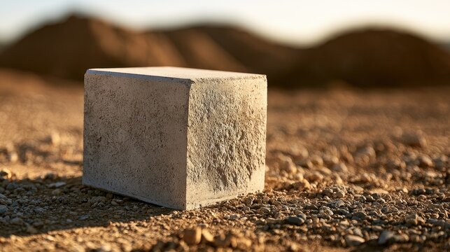 A stark concrete cube rests on arid, rocky ground, with dusty hills in the background