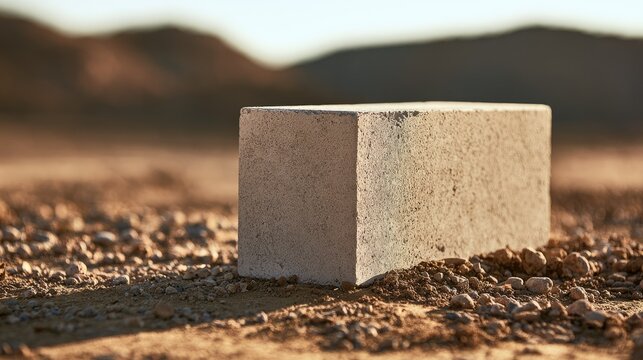 A solitary, rough-textured concrete block rests on arid, rocky ground