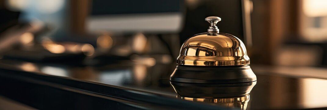 A close-up, shallow depth of field shot of a shiny golden service bell