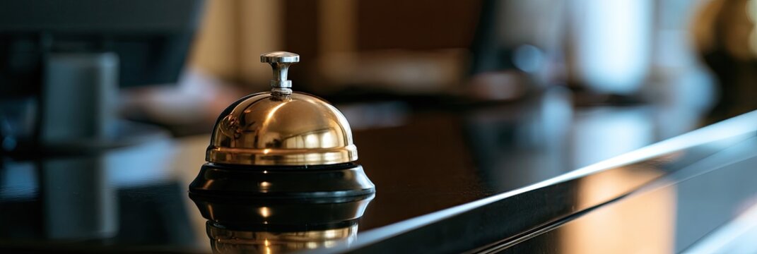 Gold and black desk bell on a counter, signaling service or attention
