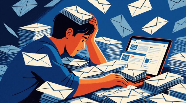 Stressed office worker sits at laptop desk buried under huge piles of digital mail envelopes. Young man feels exhausted by heavy email traffic, endless work tasks. Cyber overload concept displays