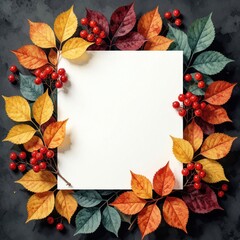 Obraz premium Square white blank space framed by vibrant autumn leaves and red berries. Nature fall foliage creates a decorative border around a central empty area for text or design.