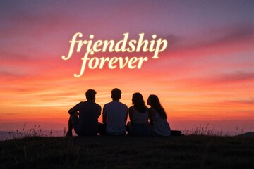 Obraz premium Four friends sit on hill at sunset watching colorful sky. Text displays friendship forever. They are silhouetted against vibrant orange and purple clouds. Bonding and togetherness are key themes.