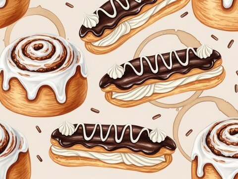 Cinnamon rolls and chocolate eclairs with cream filling on a light background