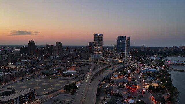 Aerial View of Milwaukee Skyline at Dusk with Highway Interchange and Lakefront&rdquo; on August 3 2026 