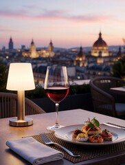 Obraz premium Glass of red wine sits on rooftop terrace table with snacks. Illuminated small lamp light shines beside plate of bruschetta appetizers. Evening city skyline view glows in background with sunset