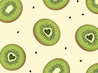 Fototapeta premium Kiwi slices with heart shaped center and seeds pattern on pale yellow background