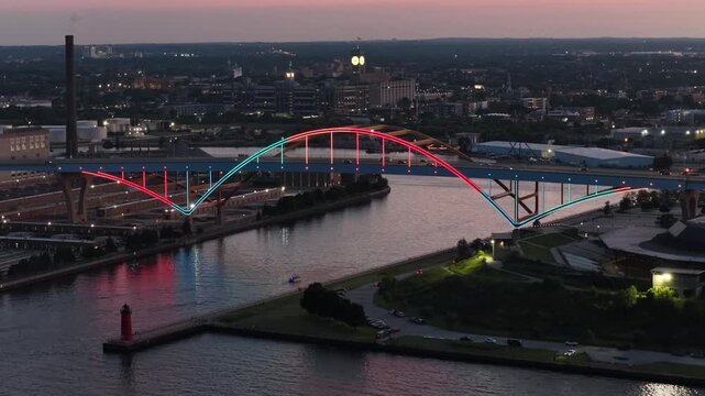  bridge Aerial View of Illuminated Hoan Bridge and Harbor Entrance at Dusk, Milwaukee, Wisconsin&rdquo; on August 3 2026 