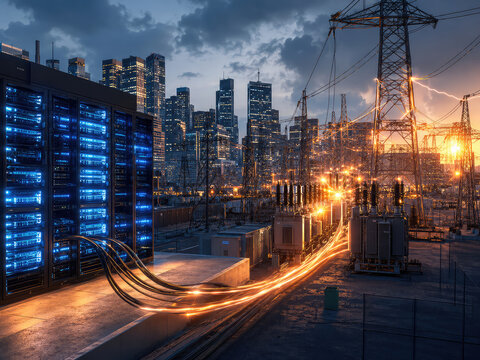 Data center connected to power grid during rising AI electricity demand