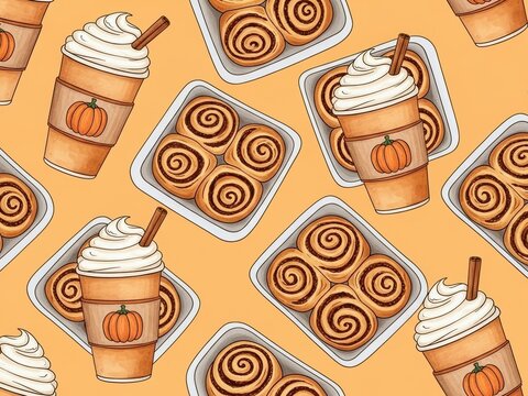 Seamless pattern of cinnamon rolls and pumpkin spice lattes with cinnamon sticks, evoking autumn fall season comfort food