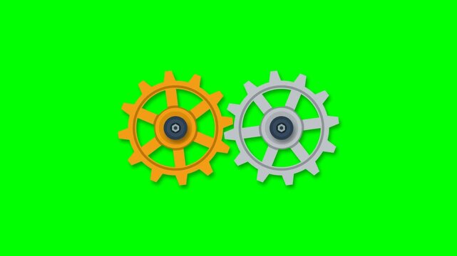 Animated rotating interlocking gears seamless loop on green screen chroma key background in 4K