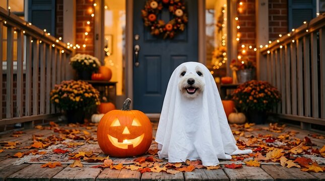Dog dressed as a ghost sitting on a porch with pumpkins and autumn leaves