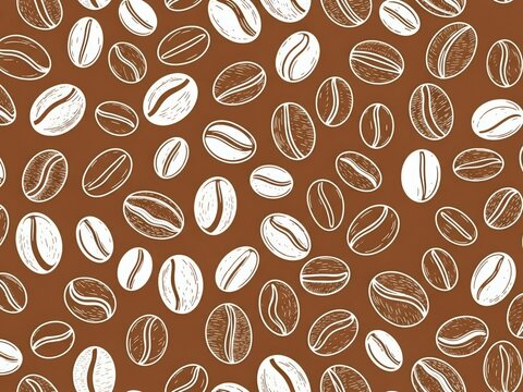 Sketch style coffee beans pattern with detailed texture on a rich brown background