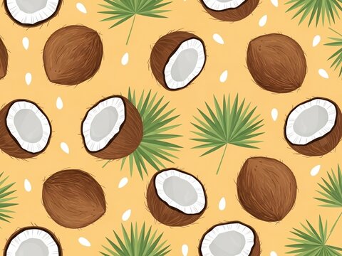 Whole and halved coconuts with palm leaves pattern for tropical and exotic themes