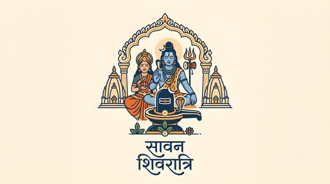 Lord Shiva Meditating Vector Illustration for Sawan Shivratri Festival with Trishul, Ganga River, Shivling, Om Symbol, and Hindi Text Sawan Shivratri