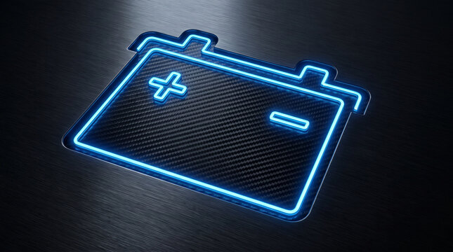 Glowing neon car battery icon embedded in a dark carbon fiber texture background symbolizing electric vehicle power and energy systems