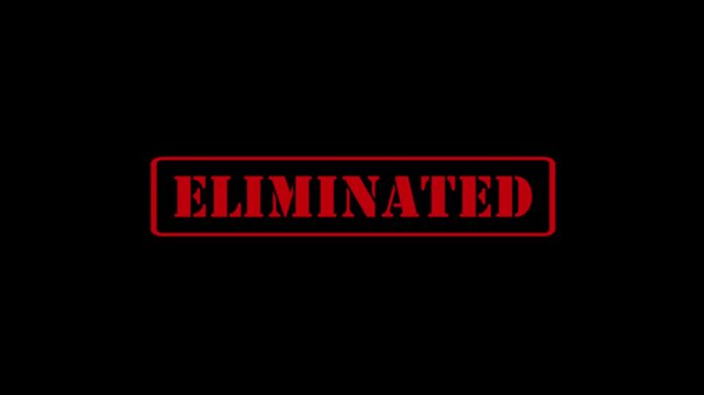 "ELIMINATED" text animation with a single-tap effect; red "ELIMINATED" stamp-style text; suitable for marking objects that are no longer needed; black background; 4K video.
