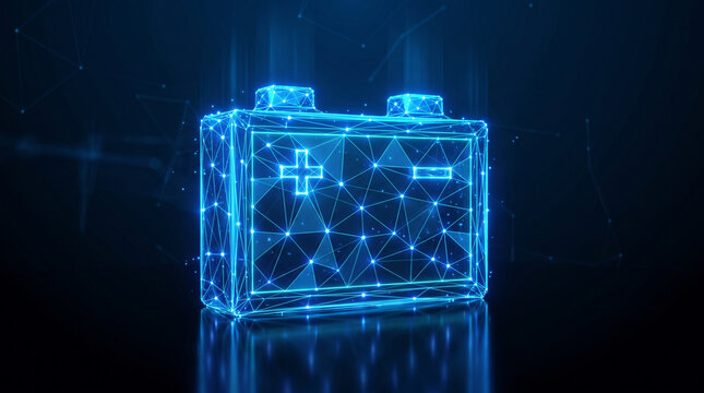 Wireframe polygonal car battery hologram with glowing blue nodes representing electric vehicle energy storage and power systems