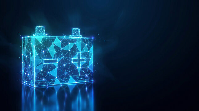 Cybernetic car battery wireframe hologram with glowing blue geometric mesh symbolizing electric vehicle technology and clean energy