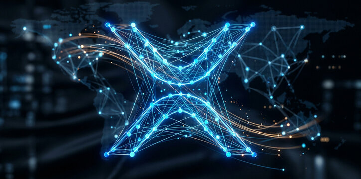 Glowing blue network mesh forming XRP Ripple cryptocurrency symbol over dark world map background, representing blockchain technology, global financial transactions, decentralized digital currency, 