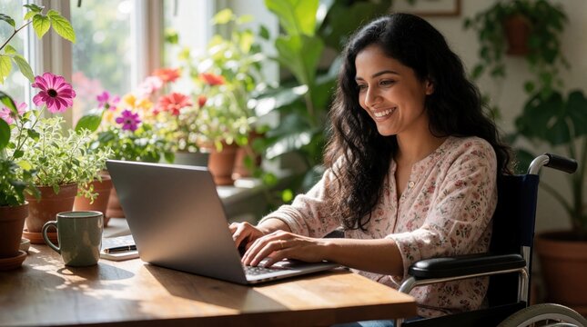 Smiling Indian woman in wheelchair works on laptop by sunny window. Plants surround her home office setup. She types on computer with focus and happiness.