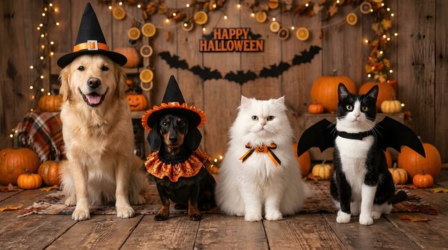 Group of pets including dogs and cats dressed in halloween costumes