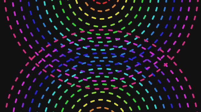 Colorful concentric dashed rings plunging through a dark space in a psychedelic motion loop