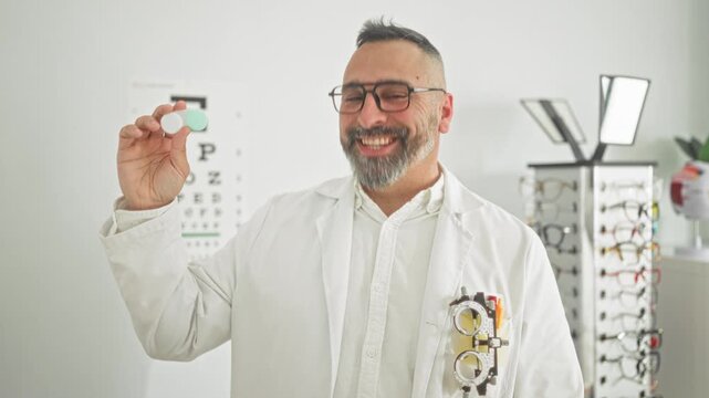 Man inspects and holds a contact lens case while pointing finger to it in an optician building; trust care cheerful.