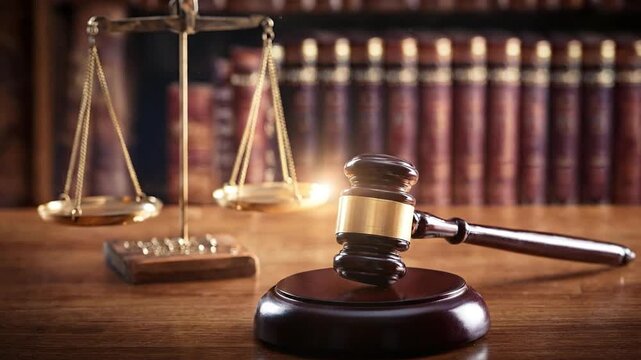 Gavel and scales of justice on a wooden desk with blurred law books in a traditional setting