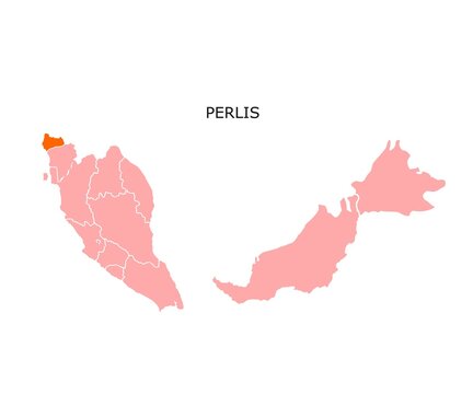Perlis State Highlighted on Malaysia Map for Vector Illustration Isolated on White Background