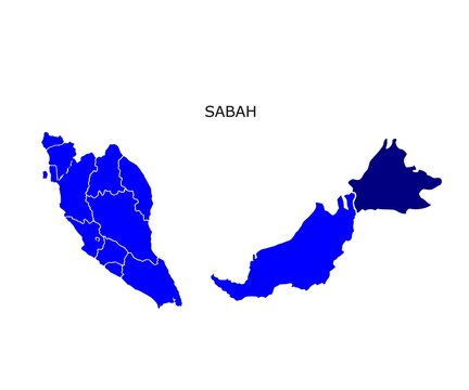 Sabah State Highlighted on Malaysia Map for Vector Illustration Isolated on White Background