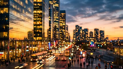 Fototapeta premium Modern cityscape skyline at sunset with glass skyscrapers and busy urban traffic cityscape skyscrapers architecture buildings