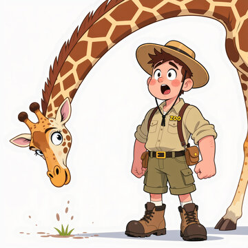 Amazed young zoo keeper stands in awe as gigantic giraffe bends towards him on a light background.