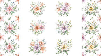 Fototapeta premium Watercolor Floral Arrangements and Seamless Pattern