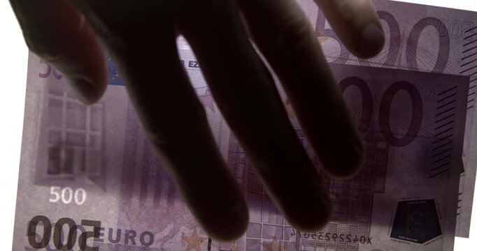 Conceptual close-up video of euro banknotes being discreetly exchanged as a bribe. Hand in shadow passes cash through narrow ray of light against white background, symbolizing corruption, bribery