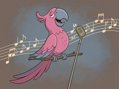 A cheerful pink cartoon parrot sings into a vintage microphone with musical notes in the background, creating a lively scene.