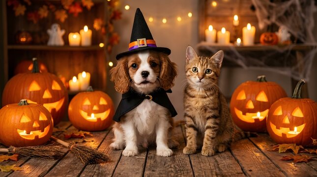 Cavalier king charles spaniel puppy and tabby kitten in halloween costumes