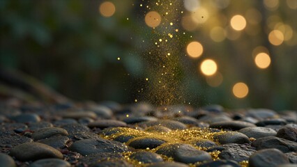 Fototapeta premium Golden sparkles dance over smooth stones, bathed in warm, dreamy sunlight.