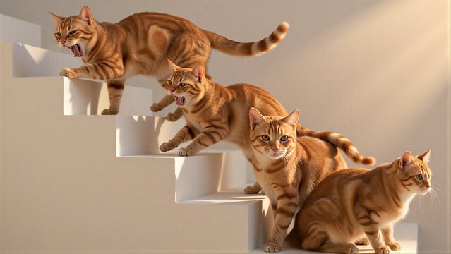 Four orange cats descend stairs, one roaring, others calm.