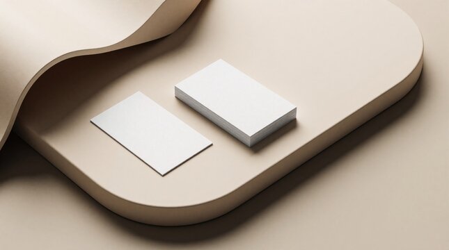 White business cards rest on smooth beige platform with curved edges. Modern stationery mockup features blank paper sheets for corporate branding design. Pro identity layout presents simple clean
